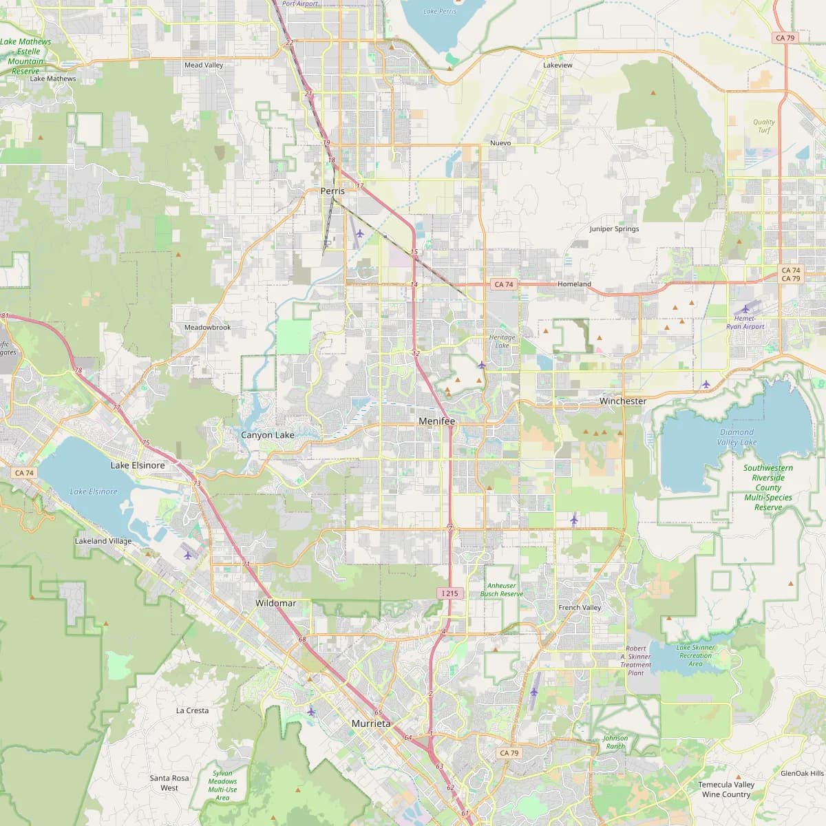 Map centred on Menifee, showing Sun City, Quail Valley, Perris, and Wildomar