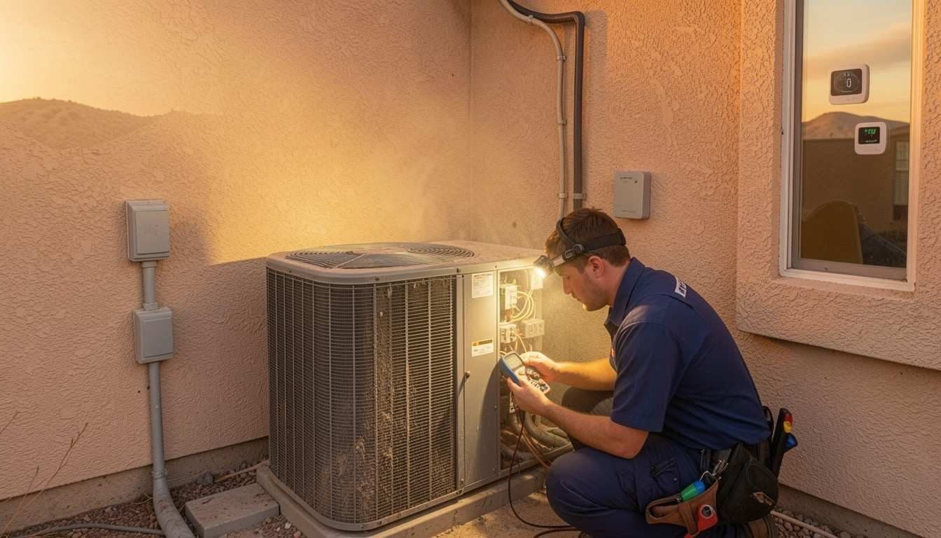 Technician working on an outdoor air conditioning unit beside a stucco wall at dusk