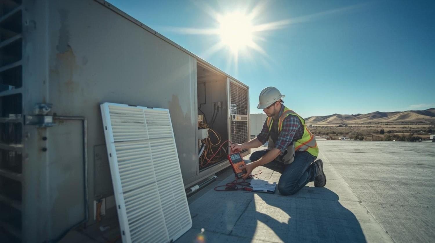 Technician in a hard hat servicing a rooftop commercial HVAC unit under bright sun