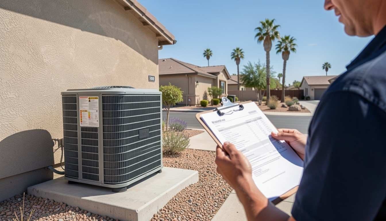 Hand holding a clipboard beside an outdoor air conditioning unit in a desert yard