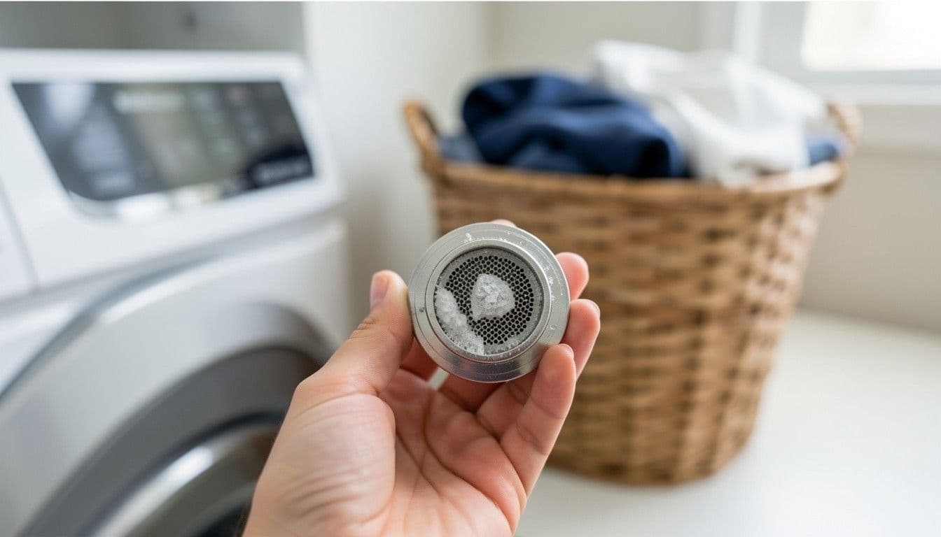 Hand holding a washing machine inlet filter screen beside a laundry basket