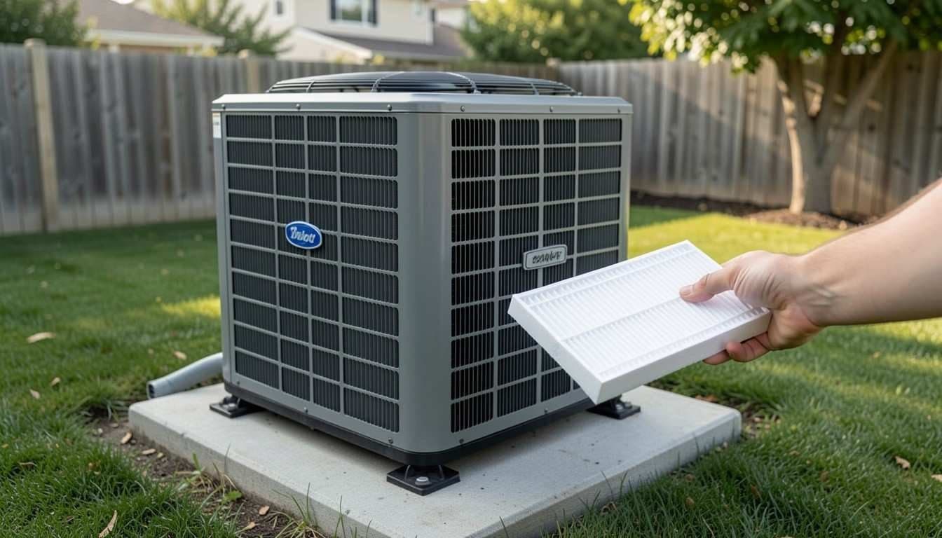 Hand sliding a new filter beside an outdoor air conditioning unit on a lawn
