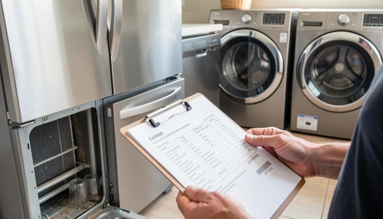 Hand holding a clipboard checklist in front of a refrigerator and a washer and dryer
