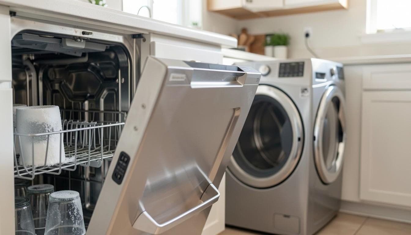 Open dishwasher next to a front-loading washer in a kitchen