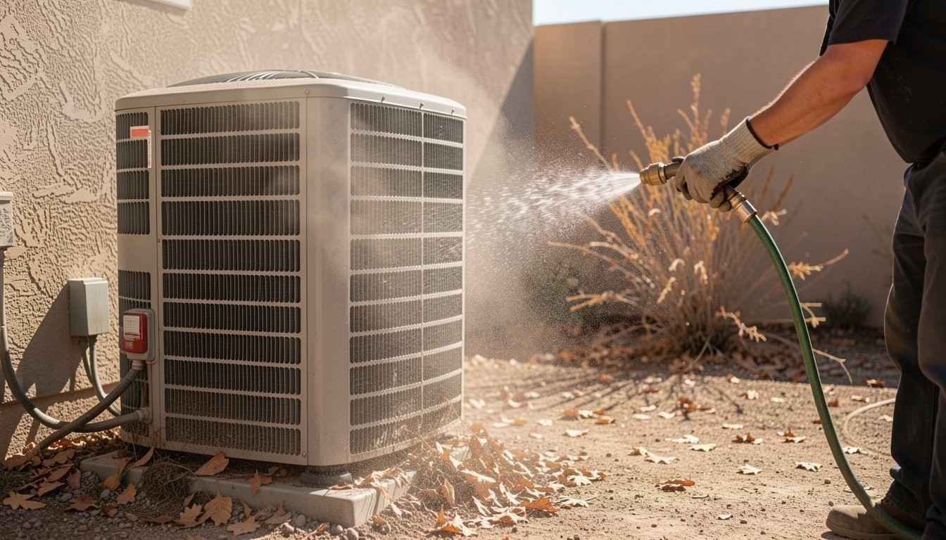 Person hosing dust off an outdoor air conditioning unit