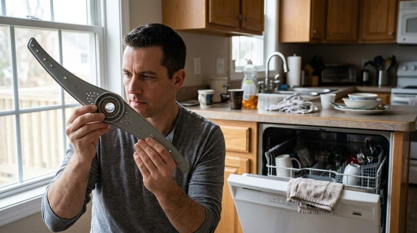 Man holding a dishwasher spray arm up to inspect it, beside an open dishwasher