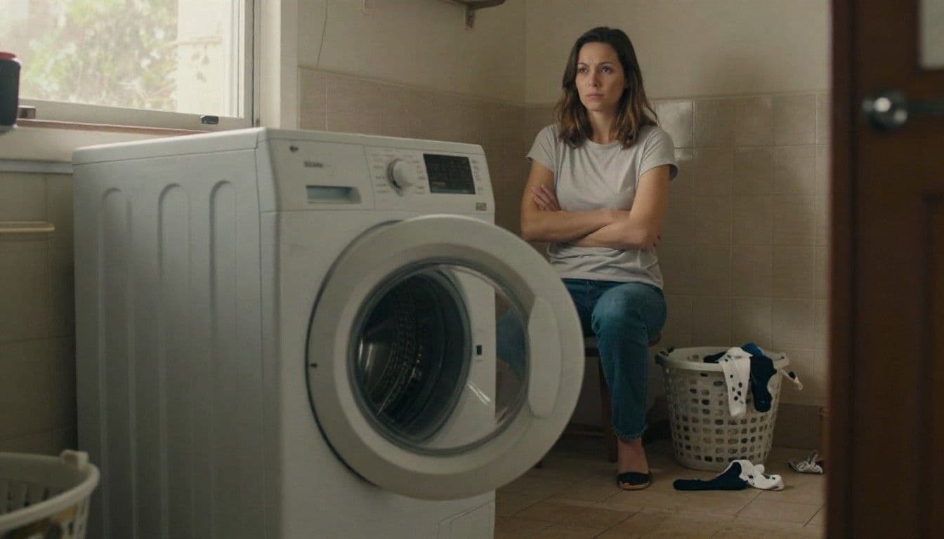 Woman sitting on a basket in a laundry room, watching a front-loading washer