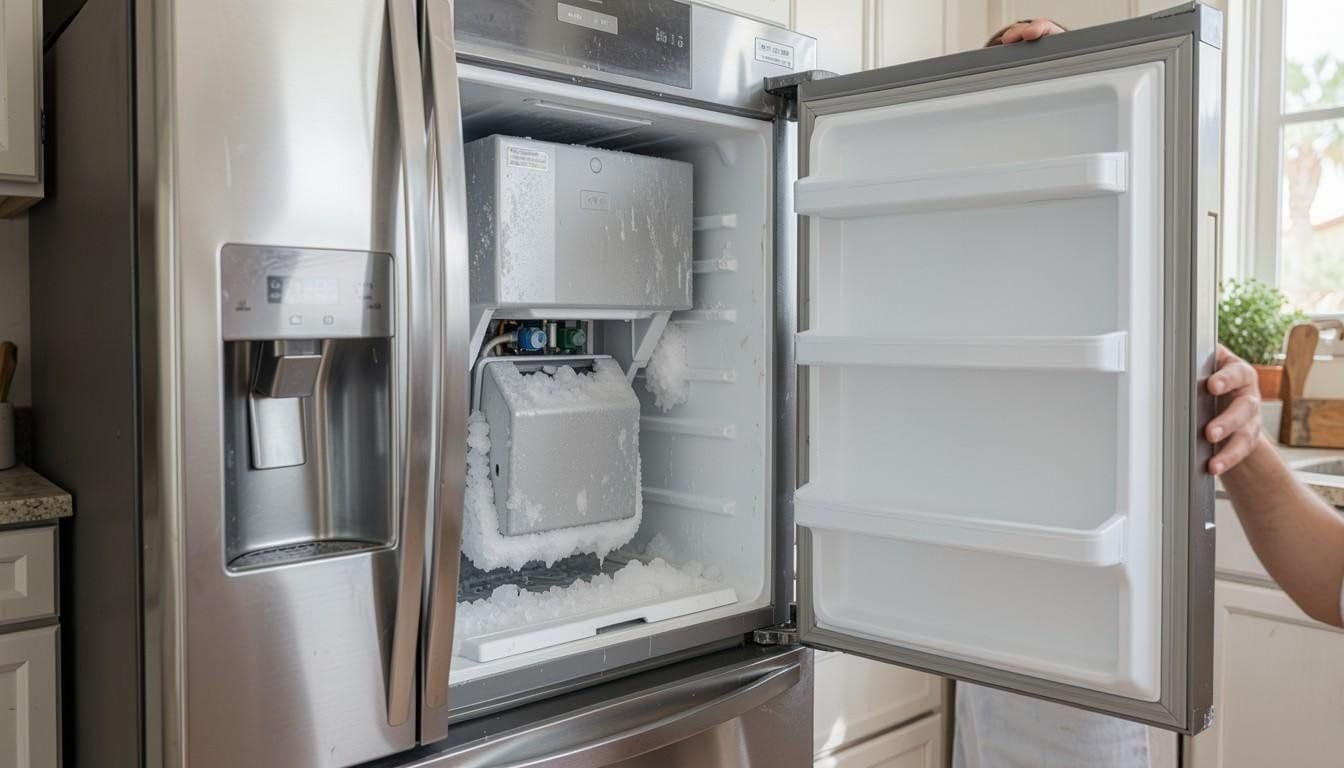 French-door refrigerator open to show the ice maker in the left-hand door