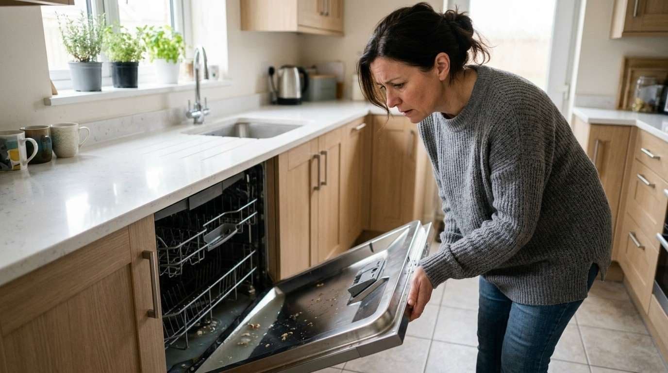 Woman opening a dishwasher door to look at the bottom of the tub